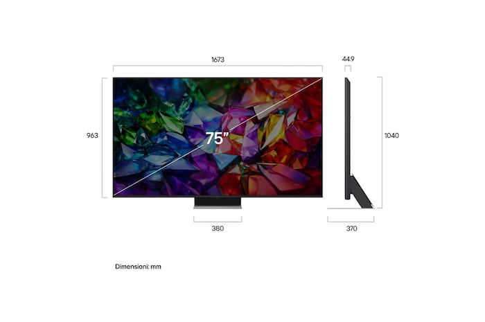 Immagine con le misure in millimetri del TV 75 pollici LG Micro RGB MRGB96