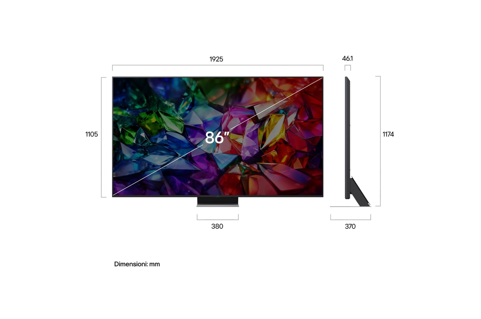 Immagine con le misure in millimetri del TV 86 pollici LG Micro RGB MRGB96