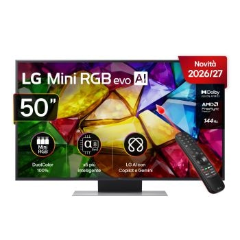 Vista frontale di TV 50 pollici LG Mini RGB MRGB87 4K Smart TV 2026 50MRGB87B6B