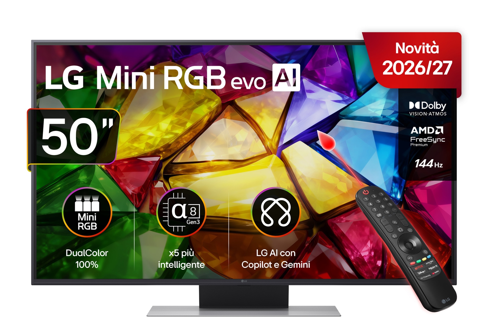Vista frontale di TV 50 pollici LG Mini RGB MRGB87 4K Smart TV 2026 50MRGB87B6B
