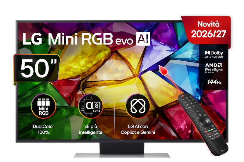 Vista frontale di TV 50 pollici LG Mini RGB MRGB87 4K Smart TV 2026 50MRGB87B6B