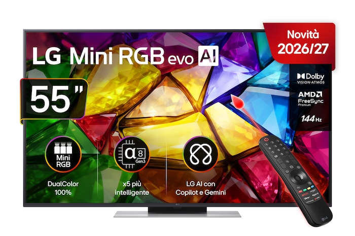 Vista frontale LG 55MRGB87B6B, TV 55 pollici LG Mini RGB MRGB87