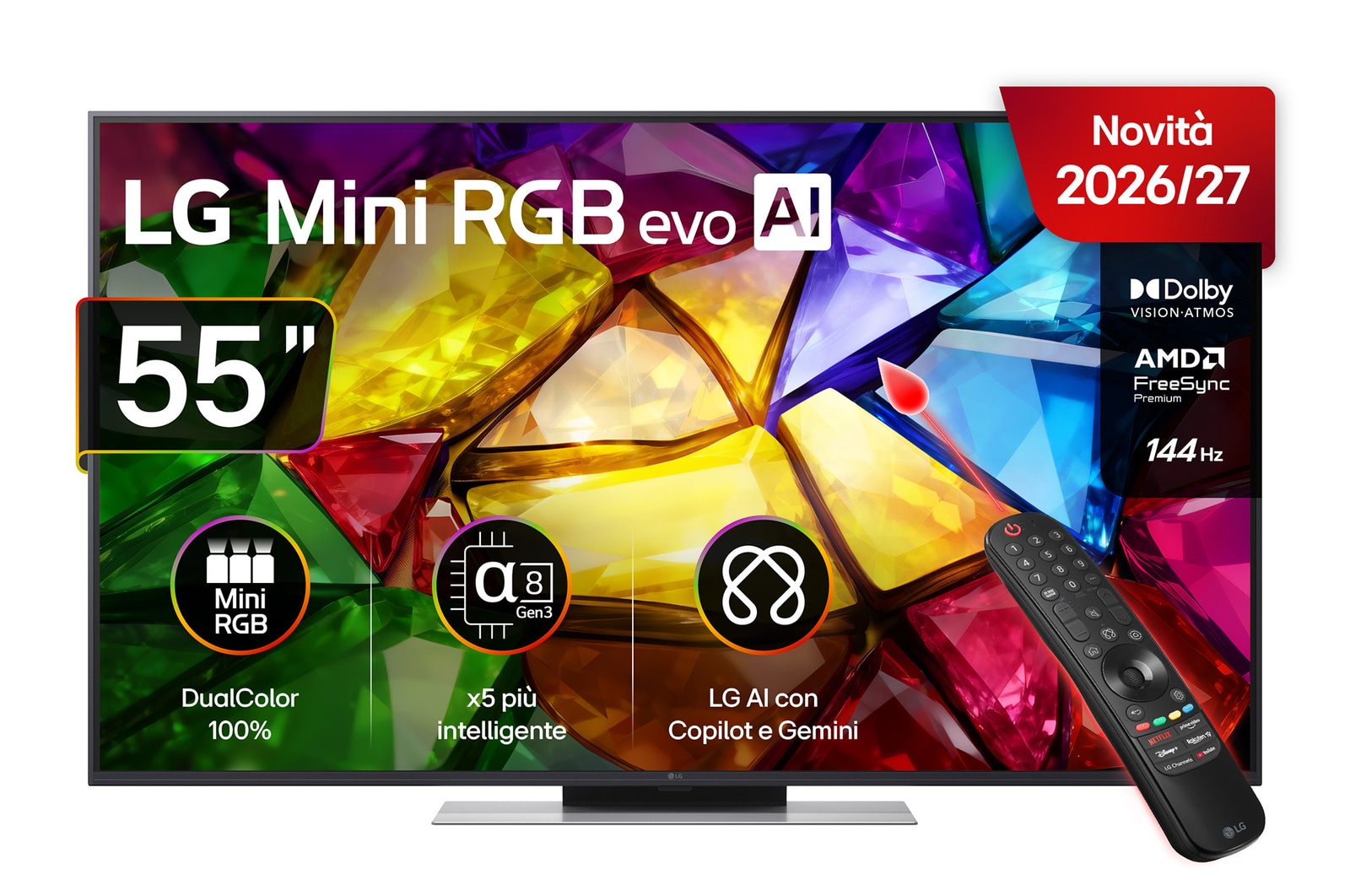 Vista frontale di TV 55 pollici LG Mini RGB MRGB87 4K Smart TV 2026 55MRGB87B6B