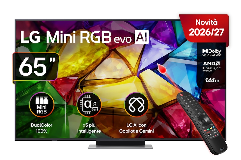 Vista frontale di TV 65 pollici LG Mini RGB MRGB87 4K Smart TV 2026 65MRGB87B6B