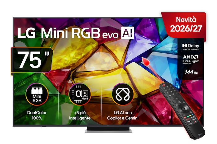 Vista frontale LG 75MRGB87B6B, TV 75 pollici LG Mini RGB MRGB87