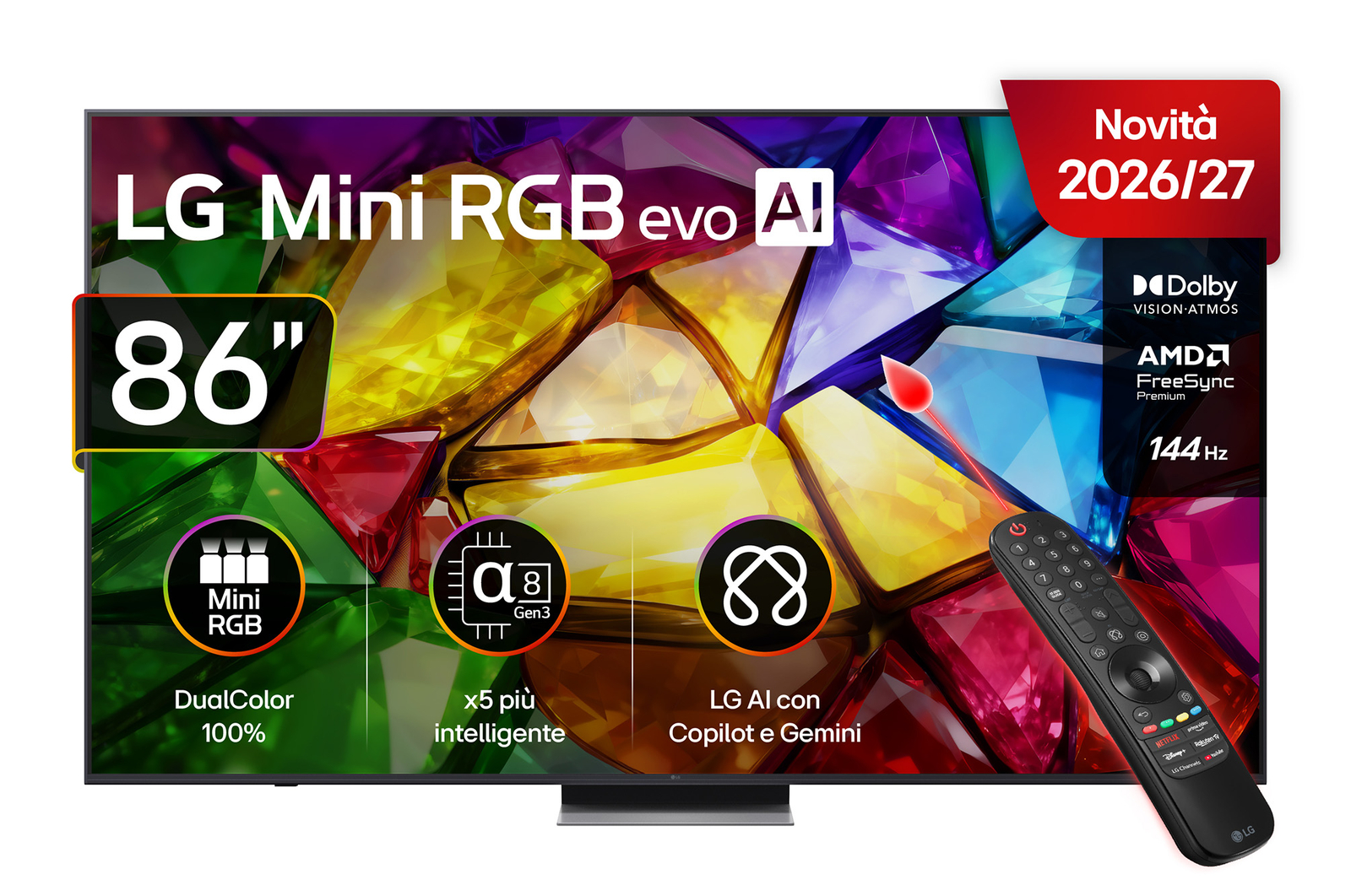 Vista frontale di TV 86 pollici LG Mini RGB MRGB87 4K Smart TV 2026 86MRGB87B6B