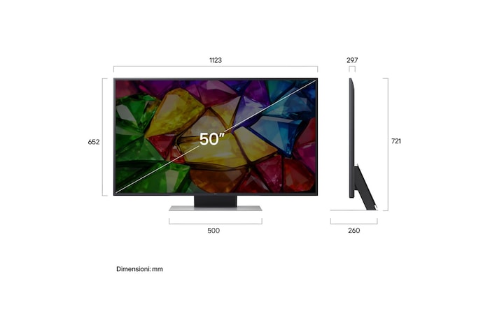 TV 50 pollici LG Mini RGB MRGB87 vista frontale con schermo da 50", misure dimensionali illustrate in millimetri e profilo laterale del televisore.