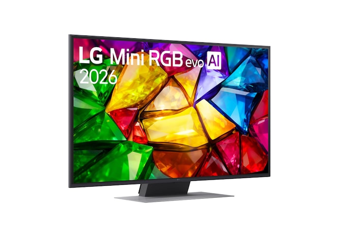 TV 50 pollici LG Mini RGB MRGB87 vista frontale con la scritta LG Mini RGB evo AI 2026 e immagine a colori vivaci sul display.