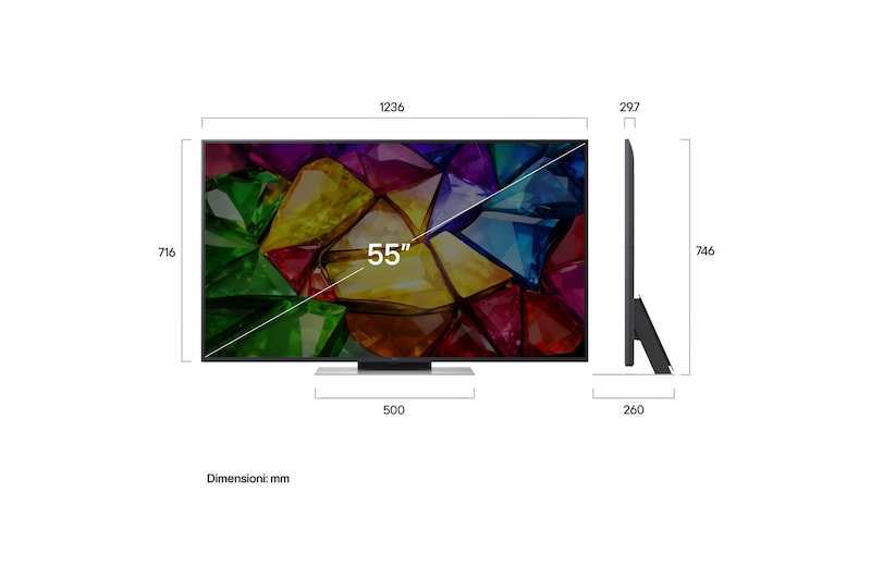 TV 55 pollici LG Mini RGB MRGB88 vista frontale con schermo da 55", misure dimensionali illustrate in millimetri e profilo laterale del televisore.