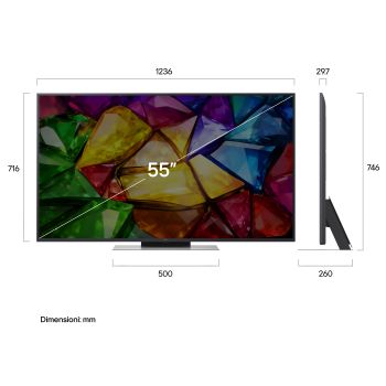 TV 55 pollici LG Mini RGB MRGB88 vista frontale con schermo da 55", misure dimensionali illustrate in millimetri e profilo laterale del televisore.
