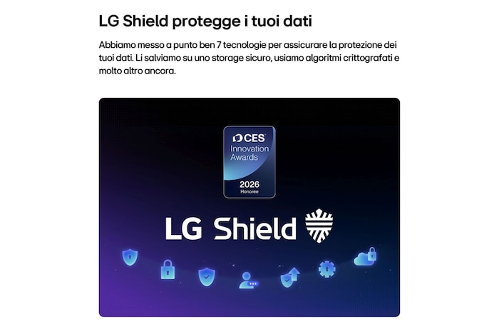 TV 55 pollici LG Mini RGB MRGB88 con funzione LG Shield per la protezione dei dati, rappresentata da icone di sicurezza e badge CES Innovation Awards 2026.