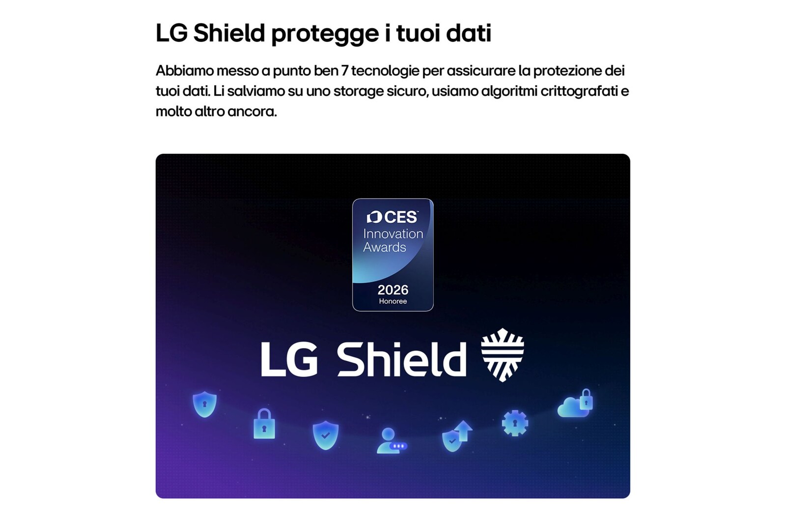 TV 55 pollici LG Mini RGB MRGB88 con funzione LG Shield per la protezione dei dati, rappresentata da icone di sicurezza e badge CES Innovation Awards 2026.
