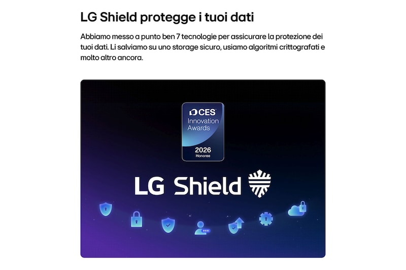 TV 55 pollici LG Mini RGB MRGB88 con funzione LG Shield per la protezione dei dati, rappresentata da icone di sicurezza e badge CES Innovation Awards 2026.
