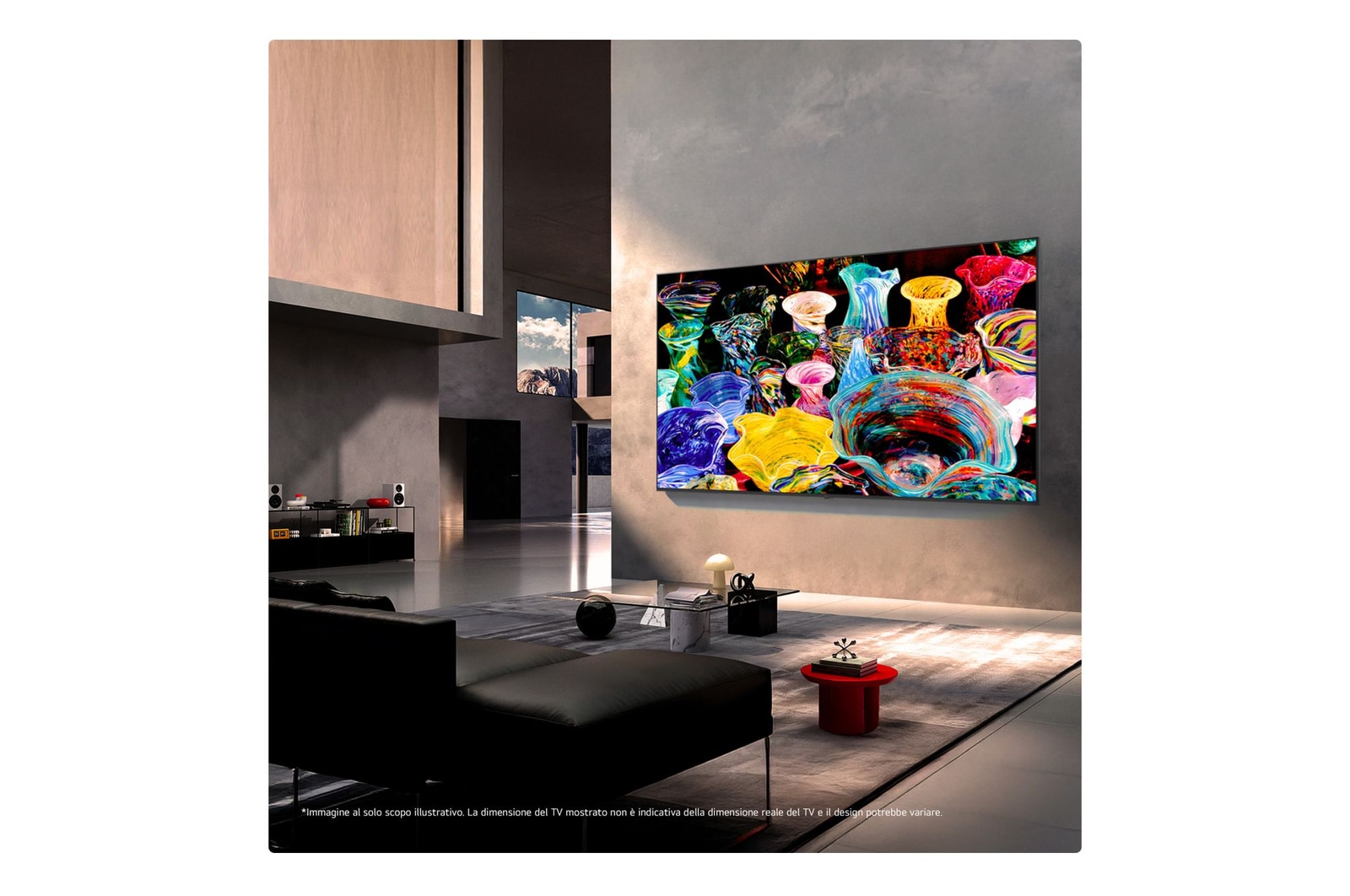 TV 55 pollici LG Mini RGB MRGB88 inserita in un moderno soggiorno, montata a parete con contenuti multicolore sullo schermo.