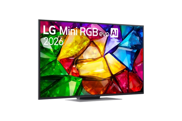 TV 55 pollici LG Mini RGB MRGB88 vista frontale con la scritta LG Mini RGB evo AI 2026 e immagine a colori vivaci sul display.