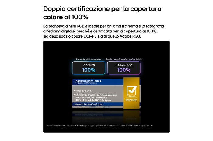 TV 65 pollici LG Mini RGB MRGB87 con certificazione doppia per il 100% di copertura colore DCI-P3 e Adobe RGB, evidenziata da badge Intertek.