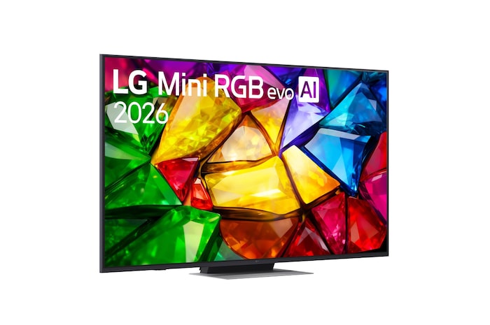 TV 65 pollici LG Mini RGB MRGB87 vista frontale con la scritta LG Mini RGB evo AI 2026 e immagine a colori vivaci sul display.