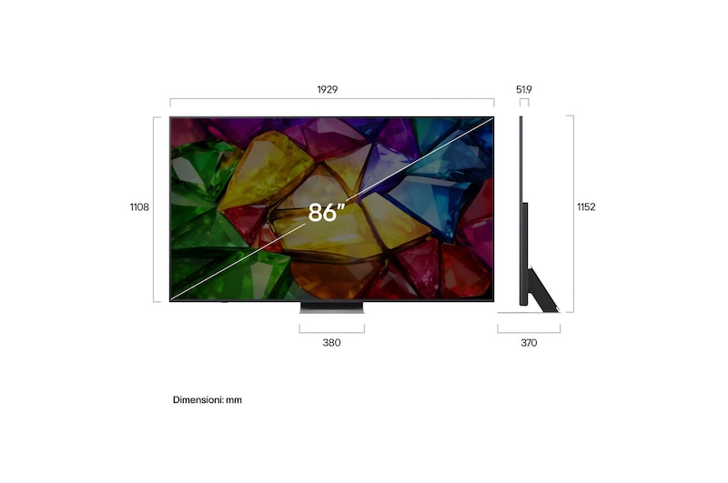 TV 86 pollici LG Mini RGB MRGB87 vista frontale con schermo da 86", misure dimensionali illustrate in millimetri e profilo laterale del televisore.