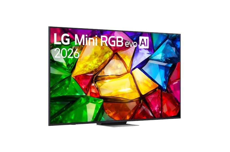TV 86 pollici LG Mini RGB MRGB87 vista frontale con la scritta LG Mini RGB evo AI 2026 e immagine a colori vivaci sul display.