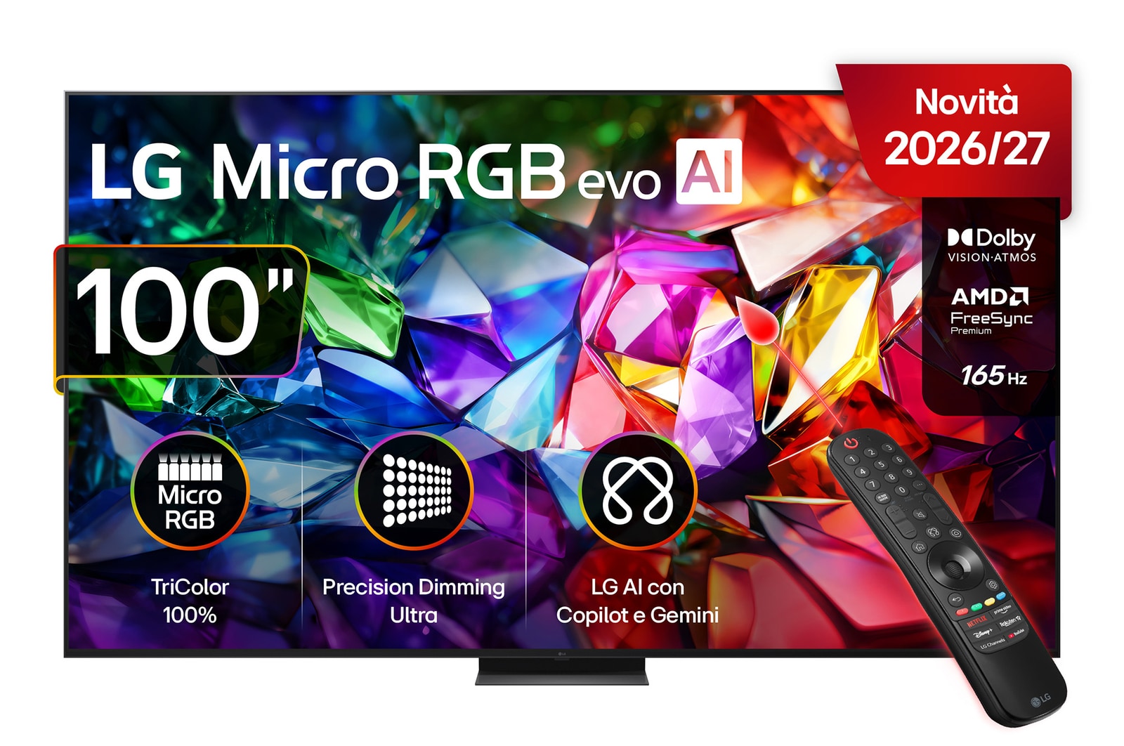 Vista frontale di TV 100 pollici LG Micro RGB MRGB96 4K Smart TV 2026 100MRGB96B6