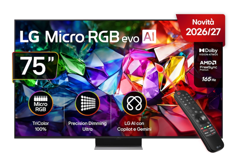 Vista frontale di TV 75 pollici LG Micro RGB MRGB96 4K Smart TV 2026 75MRGB96B6B