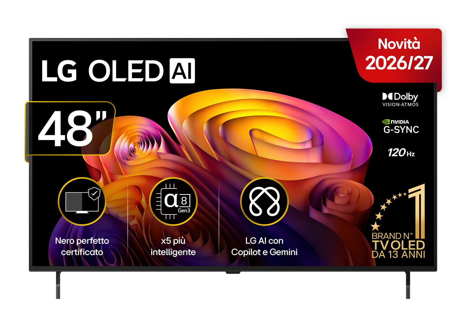 Vista frontale di TV 48 pollici LG OLED AI B6E 4K Smart TV 2026 OLED48B6ELC