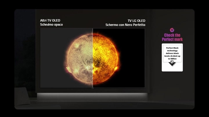 Il TV LG OLED AI B6E mostra un confronto a schermo diviso sotto luce intensa tra un display opaco antiriflesso e il display Perfect Black, certificato UL Perfect Black, evidenziando una qualità dell’immagine più nitida e leggibile in qualsiasi condizione di luce.