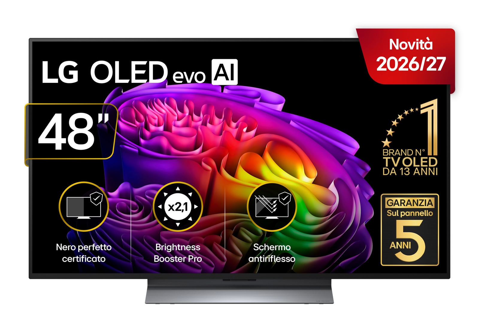 Vista frontale di TV 48 pollici LG OLED evo AI G6S 4K Smart TV 2026 OLED48G66LS