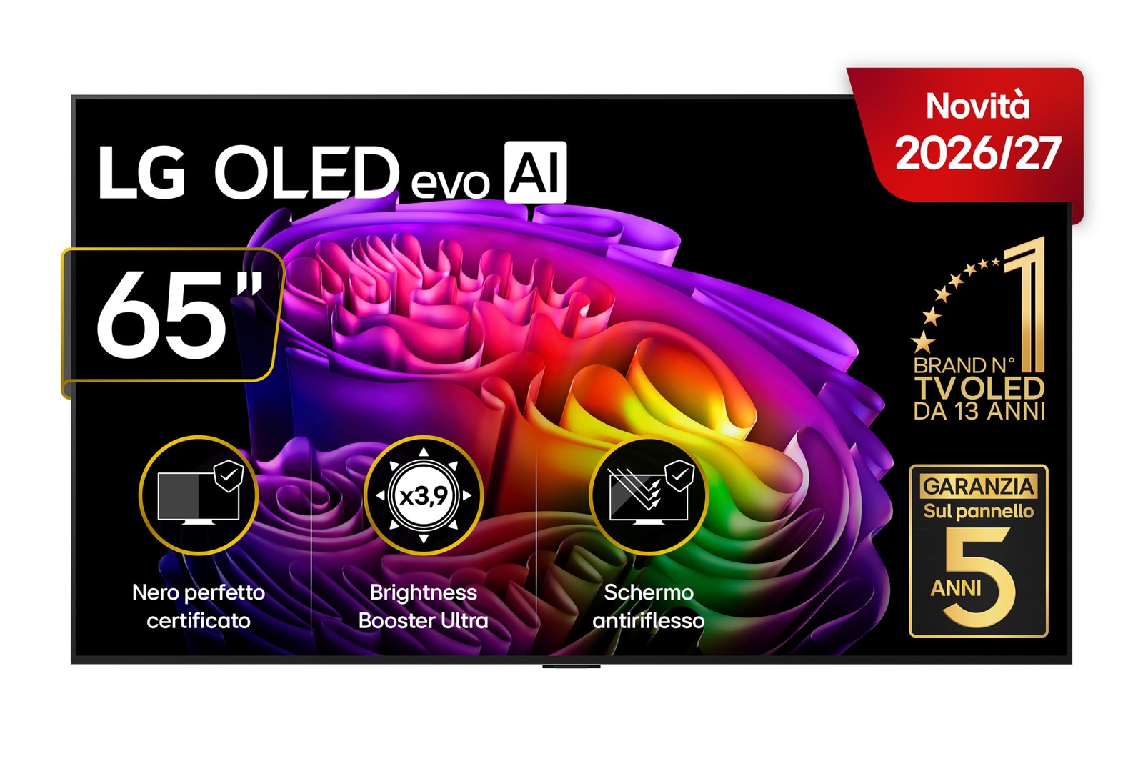 Vista frontale di TV 65 pollici LG OLED evo AI G6 4K Smart TV 2026 OLED65G64LW
