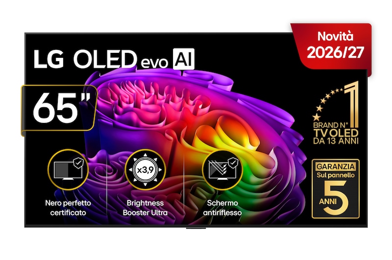 Vista frontale di TV 65 pollici LG OLED evo AI G6 4K Smart TV 2026 OLED65G64LW