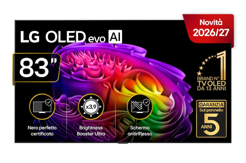 Vista frontale di TV 83 pollici LG OLED evo AI G6 4K Smart TV 2026 OLED83G64LW