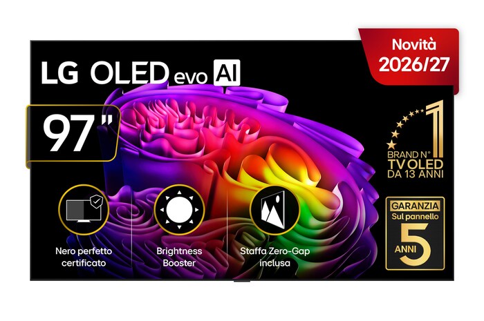 La vista frontale dell’LG OLED evo AI G6, lanciata nel 2026, presenta una sottile cornice nera, con un’immagine vivida e scultorea di forme multicolori riccamente stratificate che riempiono lo schermo.