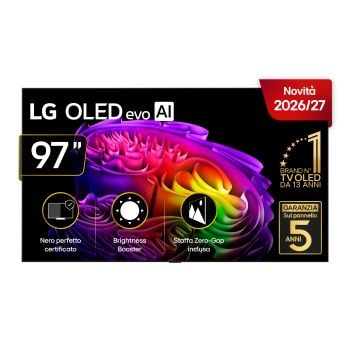 La vista frontale dell’LG OLED evo AI G6, lanciata nel 2026, presenta una sottile cornice nera, con un’immagine vivida e scultorea di forme multicolori riccamente stratificate che riempiono lo schermo.