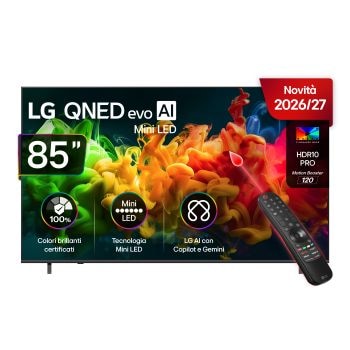 Vista frontale di TV 85 pollici LG QNED evo AI MiniLED QNED80B 4K Smart TV 2026 85QNED80B6A