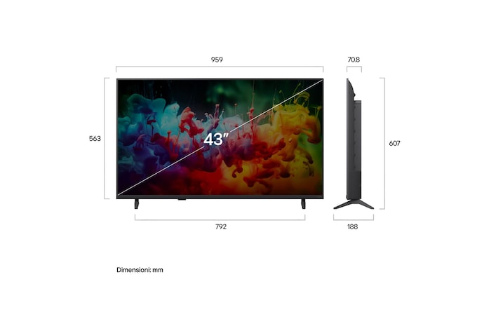TV 43 pollici LG QNED AI MiniLED QNED70B vista frontale con schermo da 43", misure dimensionali illustrate in millimetri e profilo laterale del televisore.