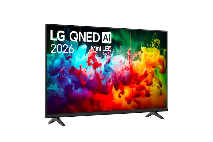 TV 43 pollici LG QNED AI MiniLED QNED70B vista frontale leggermente in diagonale con scritta LG QNED AI 2026 Mini LED e schermo acceso.