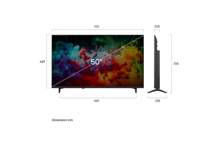 TV 50 pollici LG QNED AI MiniLED QNED70B vista frontale con schermo da 50", misure dimensionali illustrate in millimetri e profilo laterale del televisore.