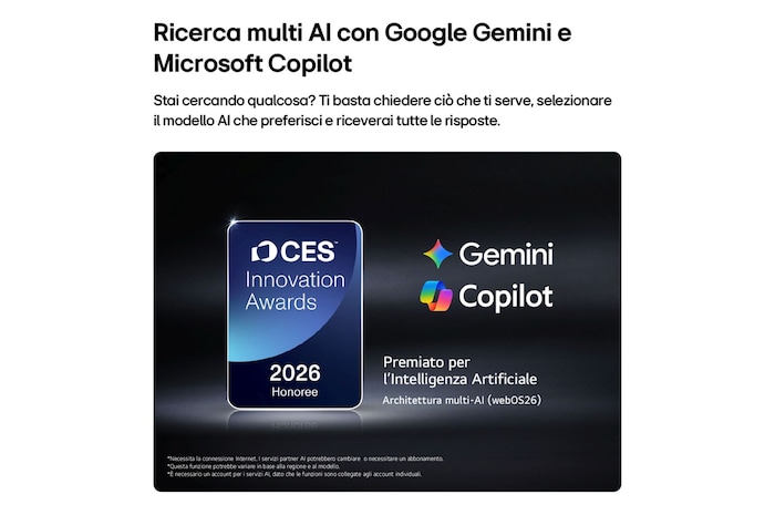 TV 50 pollici LG QNED AI MiniLED QNED70B con ricerca multi AI tramite Google Gemini e Microsoft Copilot, presentata con badge CES Innovation Awards 2026.