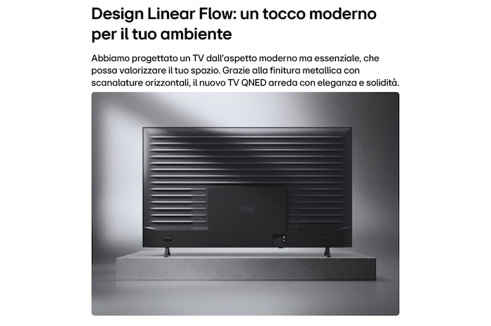 TV 50 pollici LG QNED AI MiniLED QNED70B vista posteriore con design Linear Flow, finitura metallica e scanalature orizzontali.