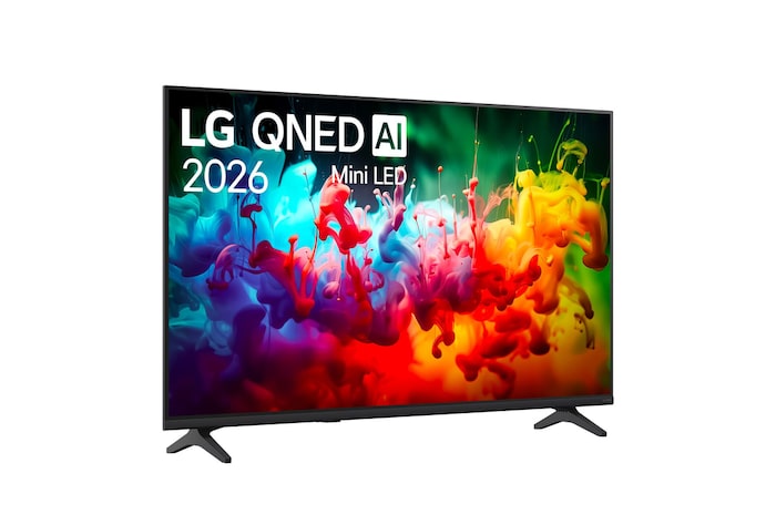 TV 50 pollici LG QNED AI MiniLED QNED70B vista frontale leggermente in diagonale con scritta LG QNED AI 2026 Mini LED e schermo acceso.