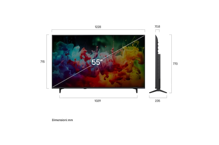 TV 55 pollici LG QNED AI MiniLED QNED70B vista frontale con schermo da 55", misure dimensionali illustrate in millimetri e profilo laterale del televisore.