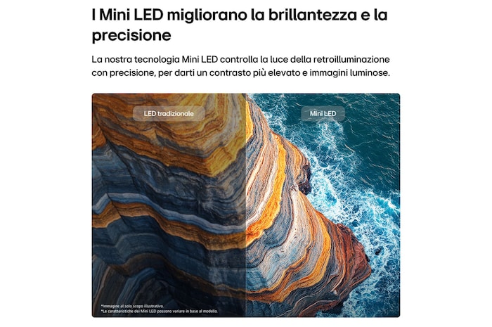 TV 55 pollici LG QNED AI MiniLED QNED70B con confronto tra LED tradizionale e Mini LED, che mostra maggiore brillantezza e precisione.