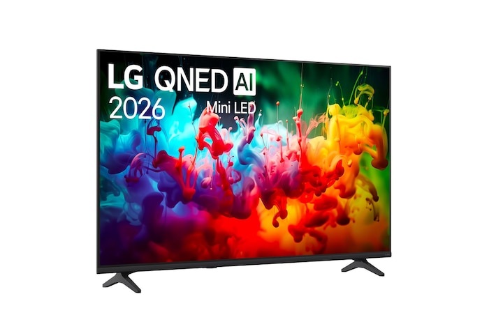 TV 55 pollici LG QNED AI MiniLED QNED70B vista frontale leggermente in diagonale con scritta LG QNED AI 2026 Mini LED e schermo acceso.
