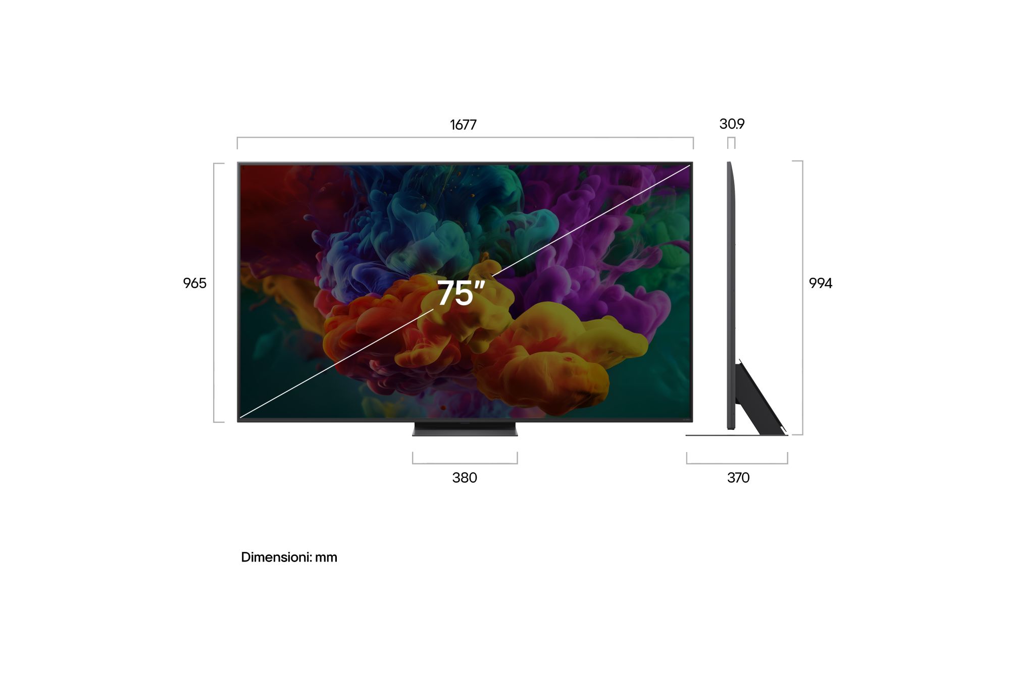 Immagine frontale del TV LG QNED evo Mini LED 75QNED87B6A con le dimensioni