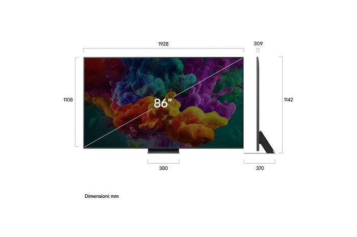 Immagine frontale del TV LG QNED evo Mini LED 86QNED87B6A con le dimensioni