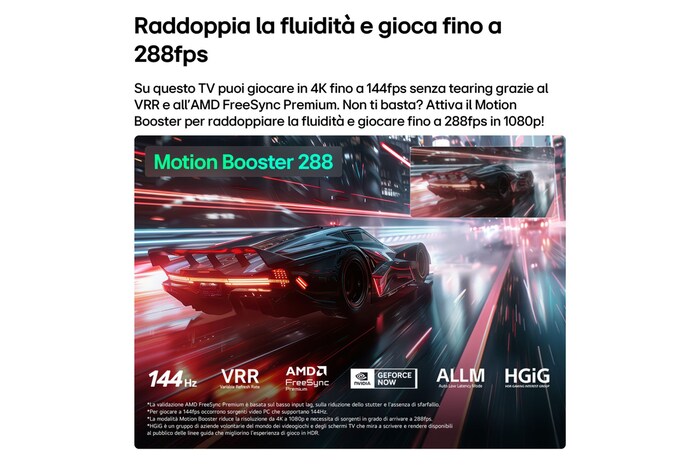 Caratteristica gaming 144Hz e Motion Booster 288 con VRR e AMD FreeSync per il TV LG QNED evo MiniLED