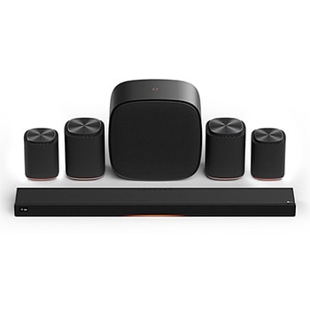 Vista frontale di Immersive Quad Suite 7 | Sound Suite con soundbar H7, subwoofer W7, 2 speaker M7 e 2 speaker M5 H7.M5M7W7001