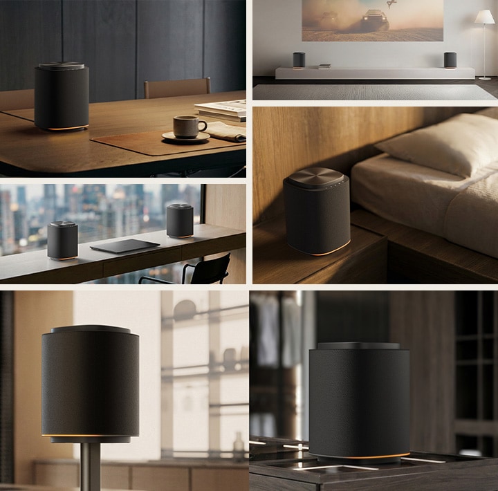 Speaker wireless LG Sound Suite M5 posizionato in diversi ambienti di casa, tra scrivania, comodino, setup TV e stand
