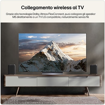 TV collegato a due speaker wireless tramite tecnologia Dolby Atmos FlexConnect, in un moderno soggiorno.
