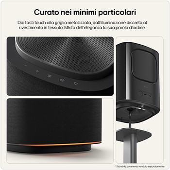 Dettagli dispositivo audio nero, caratterizzata da una sottile illuminazione arancione lungo il bordo inferiore.